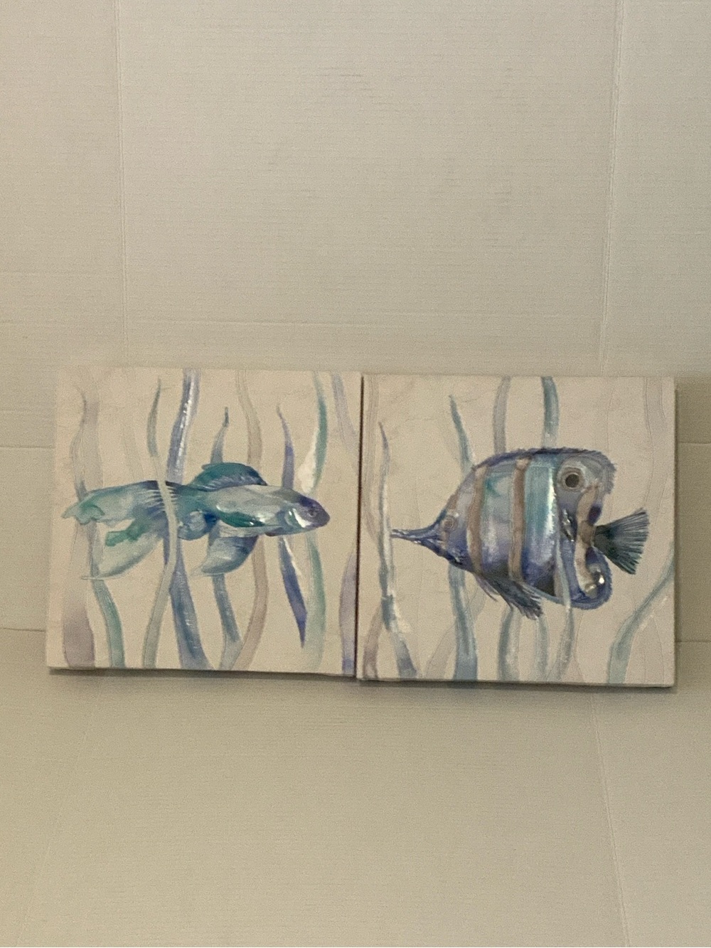 Blue Textured Watercolor Fish Canvas Pair 12”x12”. Shiny texture accents.